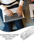 Heavy Duty Aluminum Under Desk Laptop Mount Bracket, user typing with laptop on a sofa and the bracket side view.