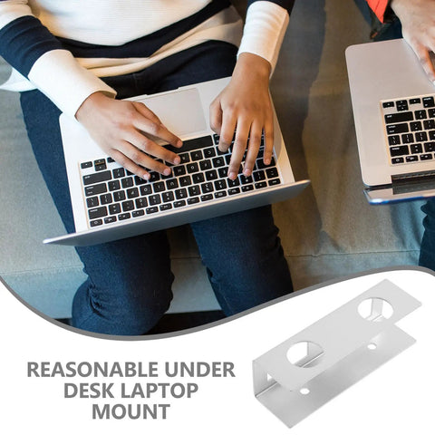 Slick Under Desk Laptop Mount Sturdy Aluminum Bracket in use, supporting a laptop, showcasing a clean workspace and ergonomic design.