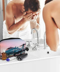 Aircraft Print Travel Cosmetic Bag Large Dopp Kit for Makeup and Toiletries on bathroom counter near man washing face
