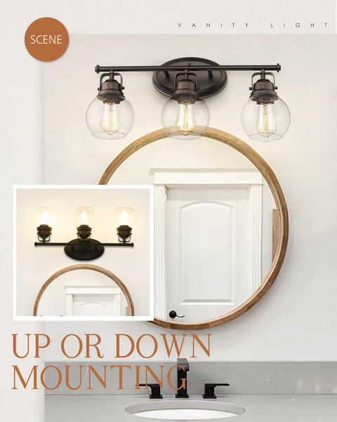 Awesome Farmhouse Vanity Light 3 Light Wall Sconce For Bathroom Mirror, oil rubbed bronze with globe clear glass, mounted over round mirror