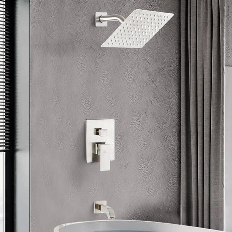 Slick Brushed Nickel Shower Faucet Wall Mount Set with Rainfall Shower Head, Tub Spout, and Handle in Modern Bathroom Setting