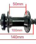 36 Hole Aluminum Front Hub For Mountain Road And E Bike Applications, 100mm QR Spacing, Disc Brake Ready in black with measurements