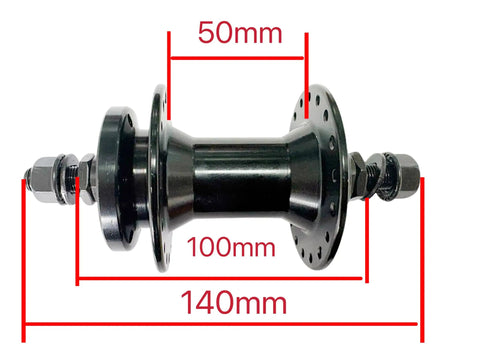 36 Hole Aluminum Front Hub For Mountain Road And E Bike Applications, 100mm QR Spacing, Disc Brake Ready in black with measurements