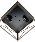 Underside view of Two-Light Briarwood Flush Mount Ceiling Light In Antique Bronze With Faux Wood Oak Finish, 12 By 6 Inch.