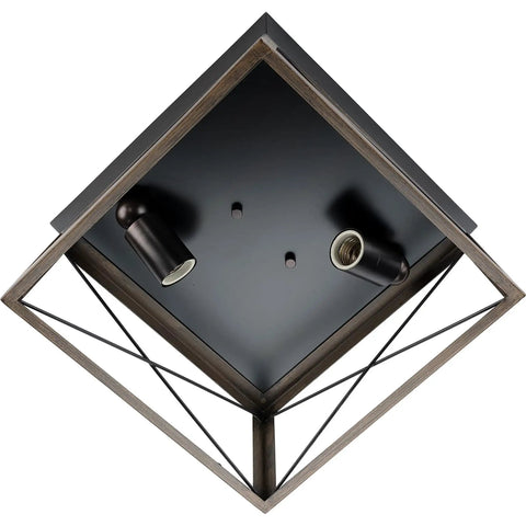 Underside view of Two-Light Briarwood Flush Mount Ceiling Light In Antique Bronze With Faux Wood Oak Finish, 12 By 6 Inch.