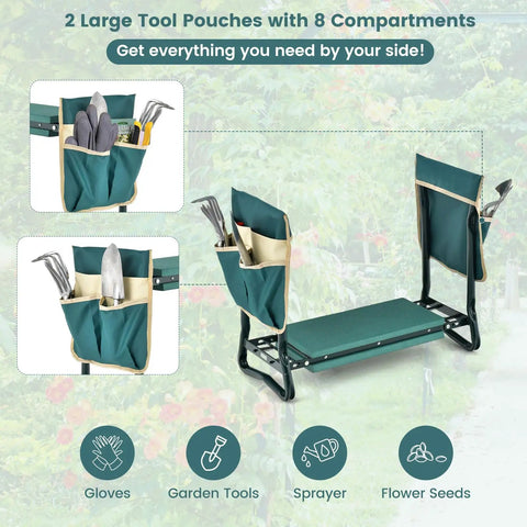 Two In One Garden Kneeler Bench With Large Tool Pouches Grab And Go Foldable Kneeling Pad And Seat For Weeding And Planting EVA Foam Cushion And Dual Storage For Easy Gardening, showing large tool pouches filled with gardening tools