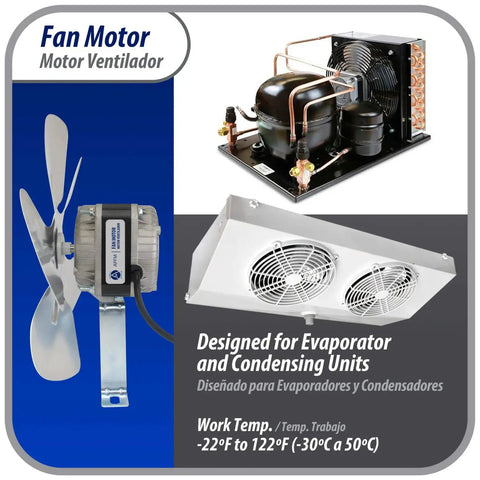Universal 16W Condenser And Evaporator Fan Motor 115V 60Hz 0.95A With 10In Aluminum Fan Blade And Mounting Base, parts displayed