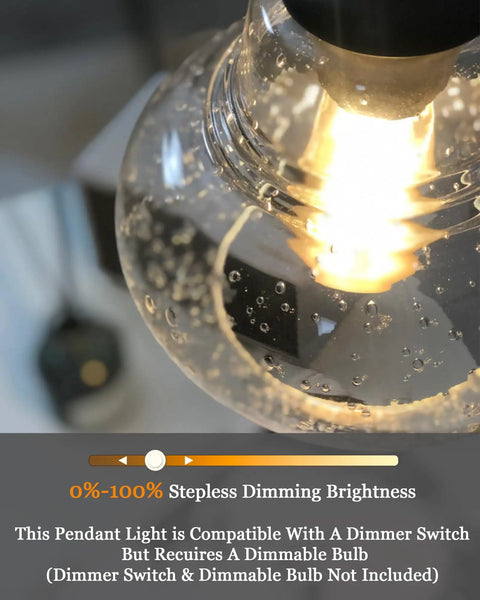 Close-up of 8 Inch Globe Pendant Light With Hand Blown Bubble Glass And Seeded Glass Details, showing dimmable brightness feature