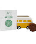 Front view of Mini Ceramic Flower Bus Grow Kit Four Pack With Colorful Retro Bus Planters And Seeds Daisy Cosmos Calendula Coneflower
