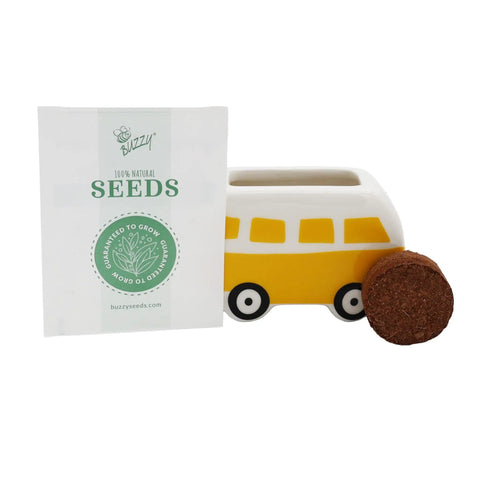 Front view of Mini Ceramic Flower Bus Grow Kit Four Pack With Colorful Retro Bus Planters And Seeds Daisy Cosmos Calendula Coneflower