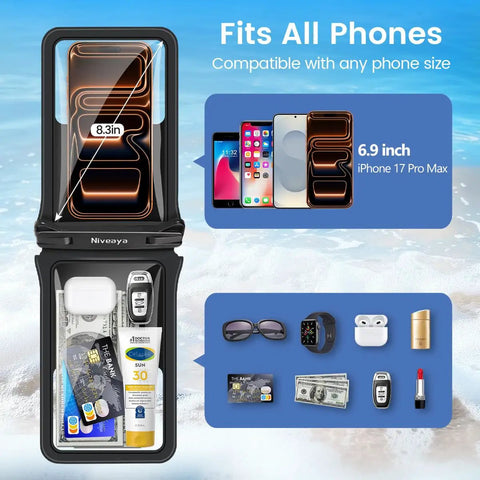 IPX8 Waterproof Phone Pouch Dual Pack 8.3 Inch Case with Lanyard fitting iPhone 17 16 15 Pro Max, storage for essentials