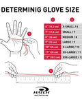 Illustration demonstrating how to measure hand size for gloves using a ruler, including size chart for determining glove size.