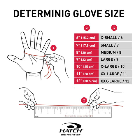 Guide for determining glove size with hand measurement chart and ruler illustration.
