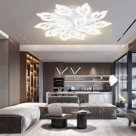 Premium Dope Modern LED Ceiling Light With 15 Leaf Shape Heads Flush Mount 120W Power Dimmable shown in living room setting