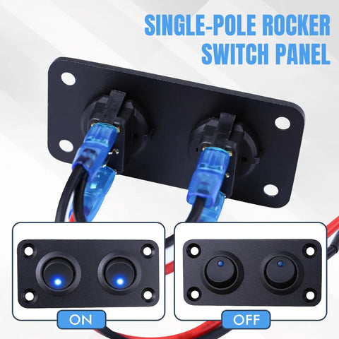Dual Gang Rocker Switch Panel 12V And 24V 10A Waterproof Automotive On Off Switches With Blue LED Indicator detail view