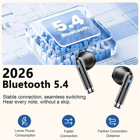 Dope Wireless Earbuds With Bluetooth 5.4 And ENC Noise Cancelling Mics For Android And iOS displayed with Bluetooth 5.4 chip.