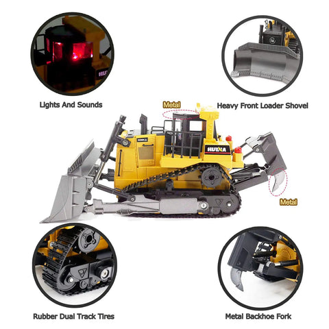 Remote Control Bulldozer One Sixteenth Scale With Light And Sound Nine Channel Front Loader RC Toy with metal roof and body