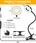 Product diagram of Clip On Led Desk Light With 48 LEDs, USB Powered, showing gooseneck, controller, and metal clamp.