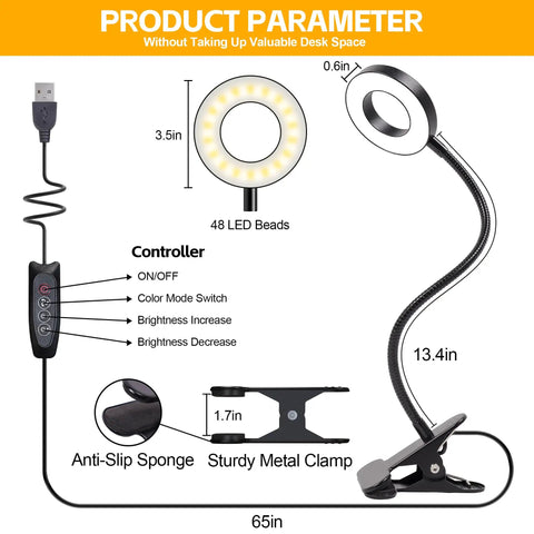 Product diagram of Clip On Led Desk Light With 48 LEDs, USB Powered, showing gooseneck, controller, and metal clamp.