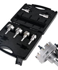 Six Piece Carbide Pro Grade Hole Cutter Set For Wood Metal And Plastic Seven Eighths To Two Inches Diameter Three Sixteenths Inch Cutting Depth High Speed Steel Heat Treated Beefy Tough Durable Hole Saw Kit in case