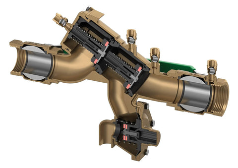 Pro Trade 1 1/2 Inch Bronze Reduced Pressure Principle Backflow Preventer Featuring Ezswap Modular Check cutaway view with stainless valves.