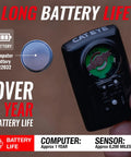 Back view of bike computer showing battery slot with text highlighting over 1 year battery life, focus on CR2032 battery.