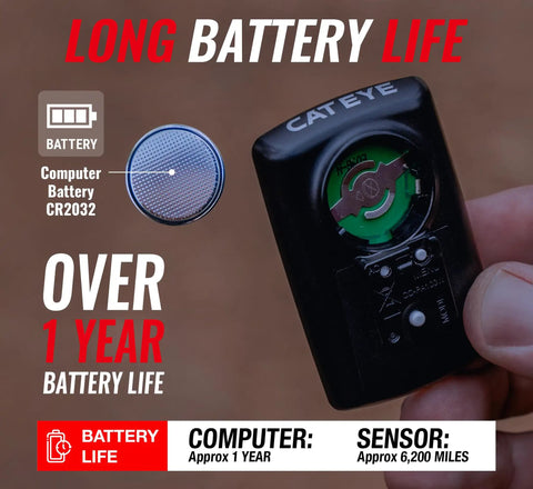 Back view of bike computer showing battery slot with text highlighting over 1 year battery life, focus on CR2032 battery.