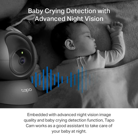 2K Indoor Pan Tilt Security Cam For Baby And Pet Monitor With Motion Alerts detecting baby crying next to sleeping infant in crib