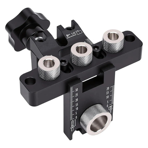 Rock Solid Self Centering Doweling Jig Kit Three In One Woodworking Tool with aluminum clamp and precision bushings close-up view.