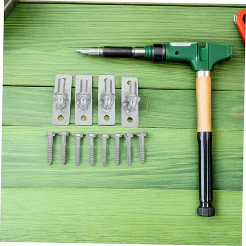 Heavy Duty Wall Mount Gate Hinges 4 Pack Fence And Barn Door Hardware Quick Install Metal Mounts tools and screws on green wood