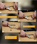Hands demonstrating Two Ways 11 Inch Pocket Hole Clamps for Woodworking, showing loosen, rotate, and fix steps with screws