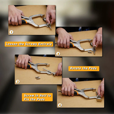 Hands demonstrating Two Ways 11 Inch Pocket Hole Clamps for Woodworking, showing loosen, rotate, and fix steps with screws