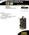 1/3HP Submersible Utility Pump With No Switch, 115V 60Hz Motor, Thermal And Overload Protection, 1 1/4 Inch Discharge, Non Corrosive Noryl Construction, 8 Foot Cord, shown in catalog