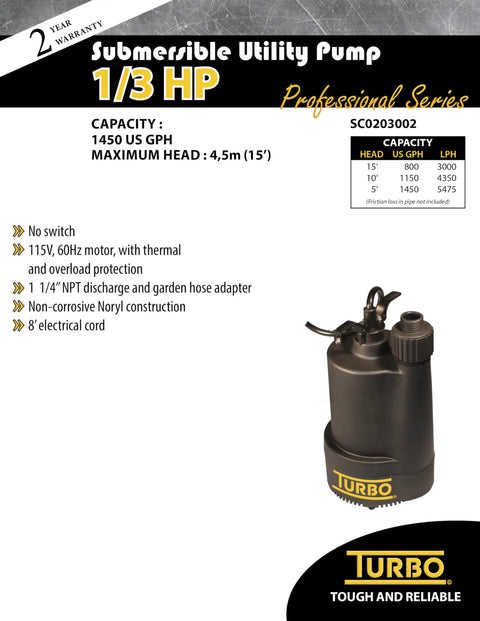 1/3HP Submersible Utility Pump With No Switch, 115V 60Hz Motor, Thermal And Overload Protection, 1 1/4 Inch Discharge, Non Corrosive Noryl Construction, 8 Foot Cord, shown in catalog