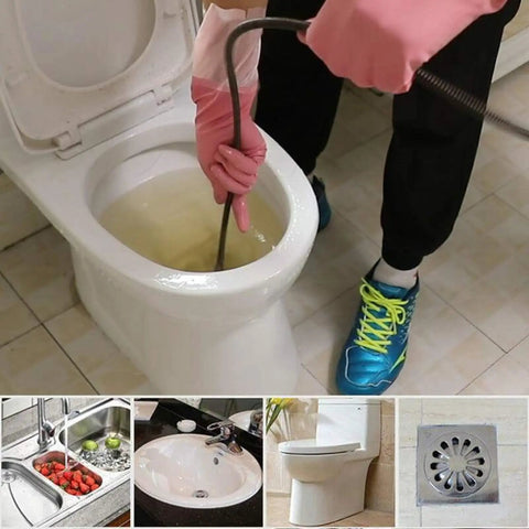 Using Super Flex Manganese Steel Drain Auger Cable 16mm Pipe Snake Clog Remover in toilet to clear blockages.