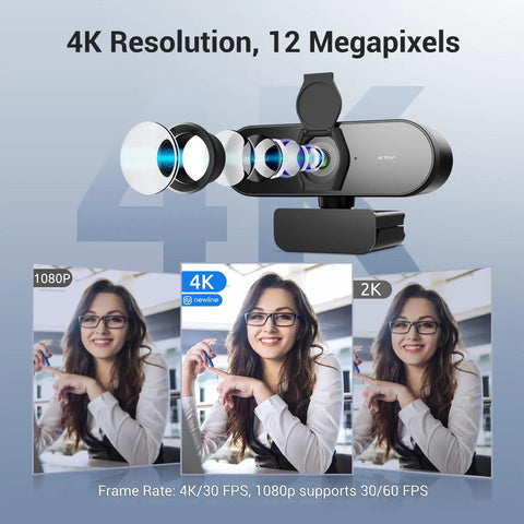 4K Webcam with PDAF Autofocus, Privacy Cover, Dual Mics showing lens view and quality comparison at 4K/30FPS and 1080p/60FPS