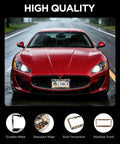 Red sports car with Leopard License Plate Frame Set For Women, Rhinestone Diamond Bling Aluminum Chrome Car Frames displayed.