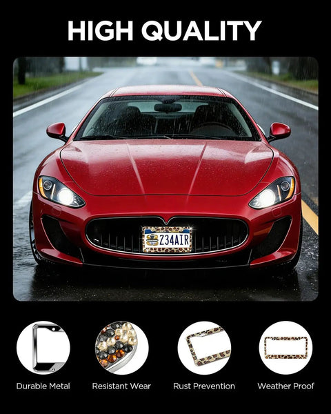 Red sports car with Leopard License Plate Frame Set For Women, Rhinestone Diamond Bling Aluminum Chrome Car Frames displayed.