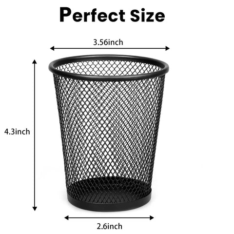 Black Mesh Pencil Holder Metal Pen Cup Desk Organizer with dimensions, set of 6 for office, school, and home use