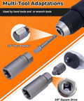 Image of 3/8 inch hex adapter and tools from 16 Piece Deep Bolt Extractor Set For Impact Drivers, Nut Remover Kit For Stripped Lug Nuts And Damaged Bolts