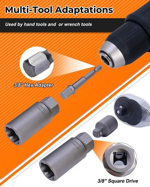 Image of 3/8 inch hex adapter and tools from 16 Piece Deep Bolt Extractor Set For Impact Drivers, Nut Remover Kit For Stripped Lug Nuts And Damaged Bolts