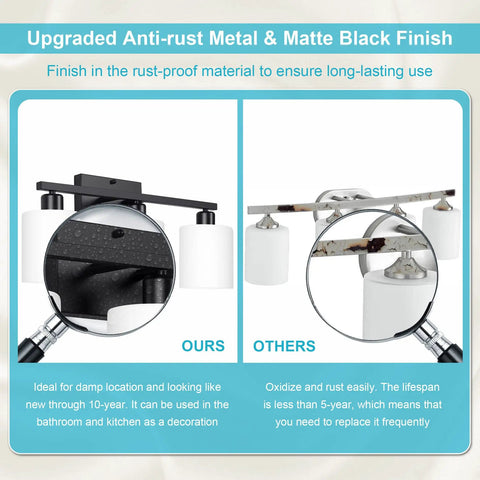 Comparison of Three Light Matte Black Vanity Light Fixture Over Mirror With Milky White Glass Shades and rust-prone model.