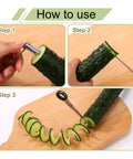 Kitchen gadgets set with stainless steel spiral cutter and peeler; cucumber cut into spirals.