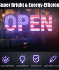 Huge 30x10 Inch LED Open Sign With Dimmable Three Modes And 720 Bright LEDs US Flag Design On Durable Aluminum Base