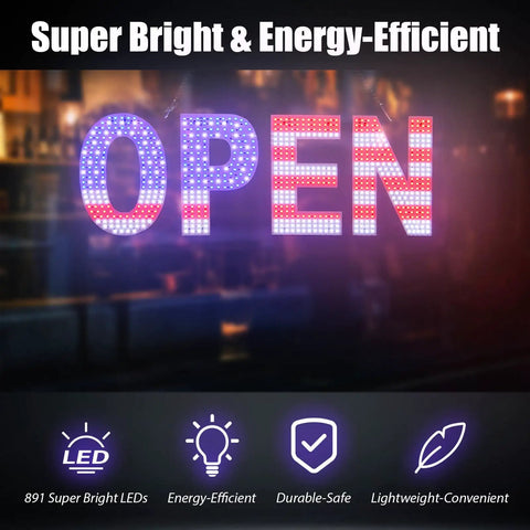 Huge 30x10 Inch LED Open Sign With Dimmable Three Modes And 720 Bright LEDs US Flag Design On Durable Aluminum Base