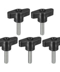 Five Pack M5 X 25mm Carbon Steel T Handle Thumb Screws For Machine Clamps, showing 5 black thumb screws with threaded shafts.