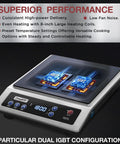 Induction Cooktop Pro Portable Workhorse Burner With 8 Inch Heating Coil Premium Stainless Steel Countertop Hot Plate NSF Certified 1800W 10 Hour Timer Fast Heat For Busy Kitchens, shown with digital display and dual IGBT configuration.