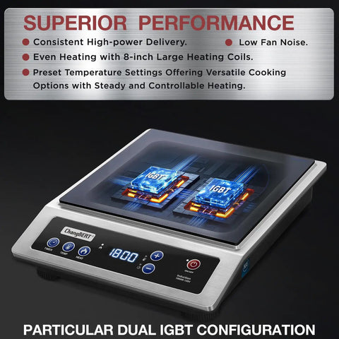 Induction Cooktop Pro Portable Workhorse Burner With 8 Inch Heating Coil Premium Stainless Steel Countertop Hot Plate NSF Certified 1800W 10 Hour Timer Fast Heat For Busy Kitchens, shown with digital display and dual IGBT configuration.