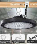 200W High Bay LED Light 22000LM 6500K Daylight plug in, with standard plug and safety features, shown hanging in a warehouse.