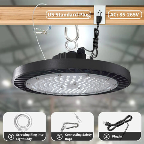 200W High Bay LED Light 22000LM 6500K Daylight plug in, with standard plug and safety features, shown hanging in a warehouse.